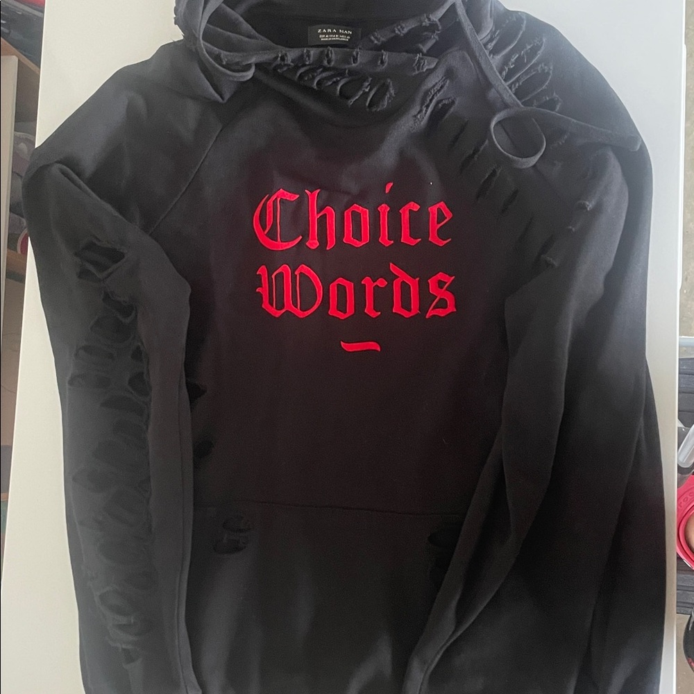 Zara Black Distressed Hoodie with Red Graphic